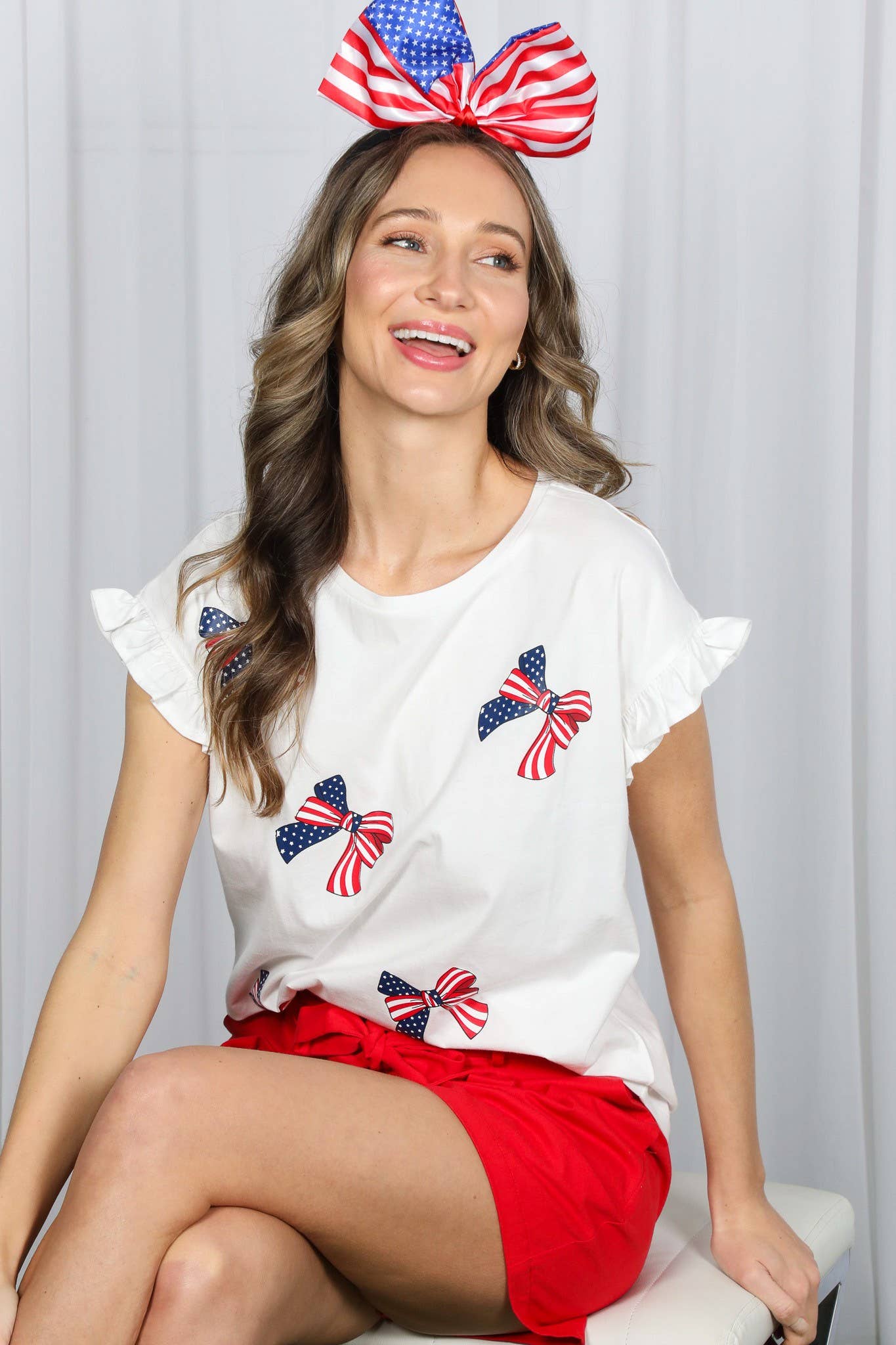 American Flag Bow Graphic Crew Neck 100% Cotton Top VT82411B: Red / M