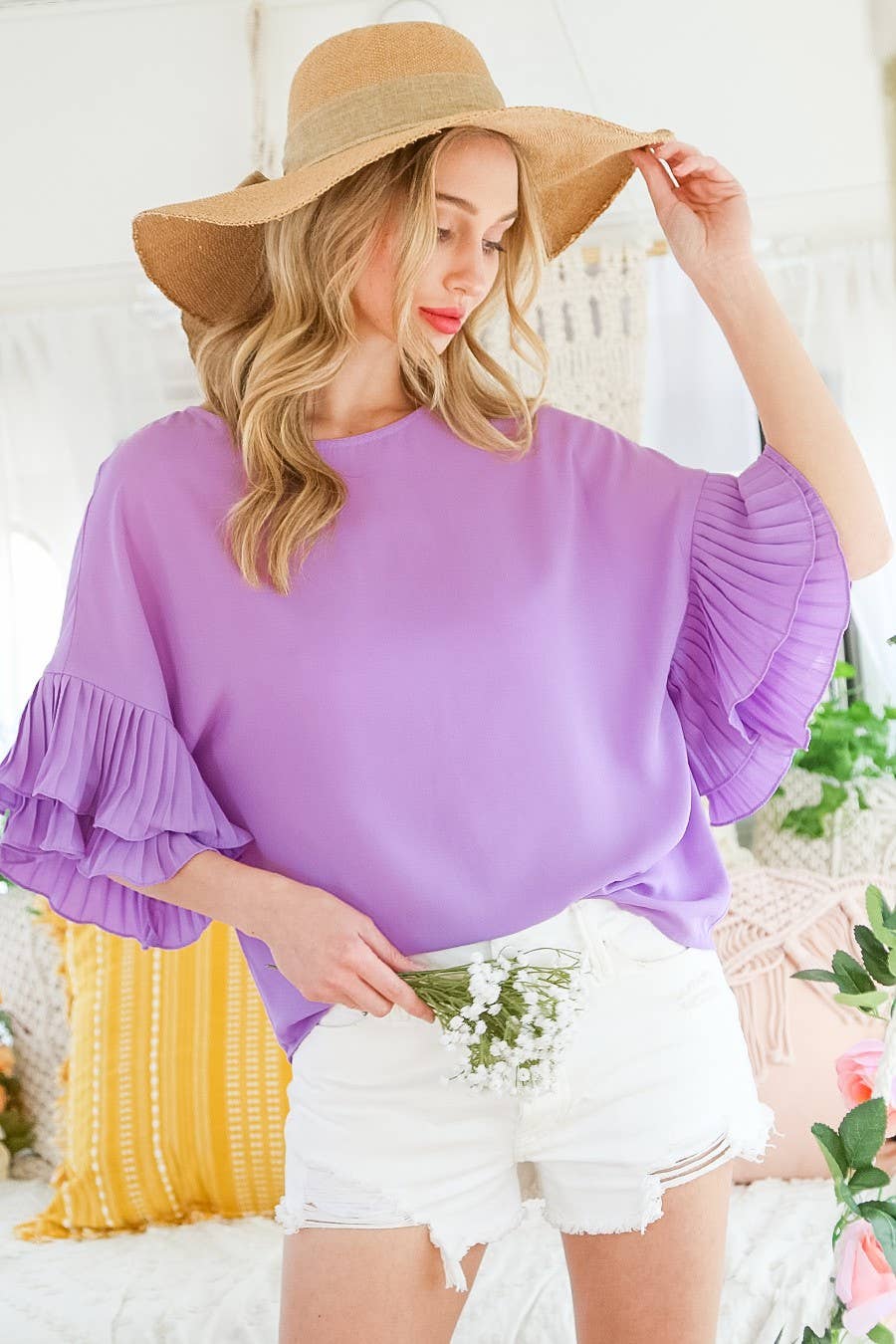 Round Neck Accordion Pleat Ruffle Sleeves Woven Top VT60260: Royal Blue / L