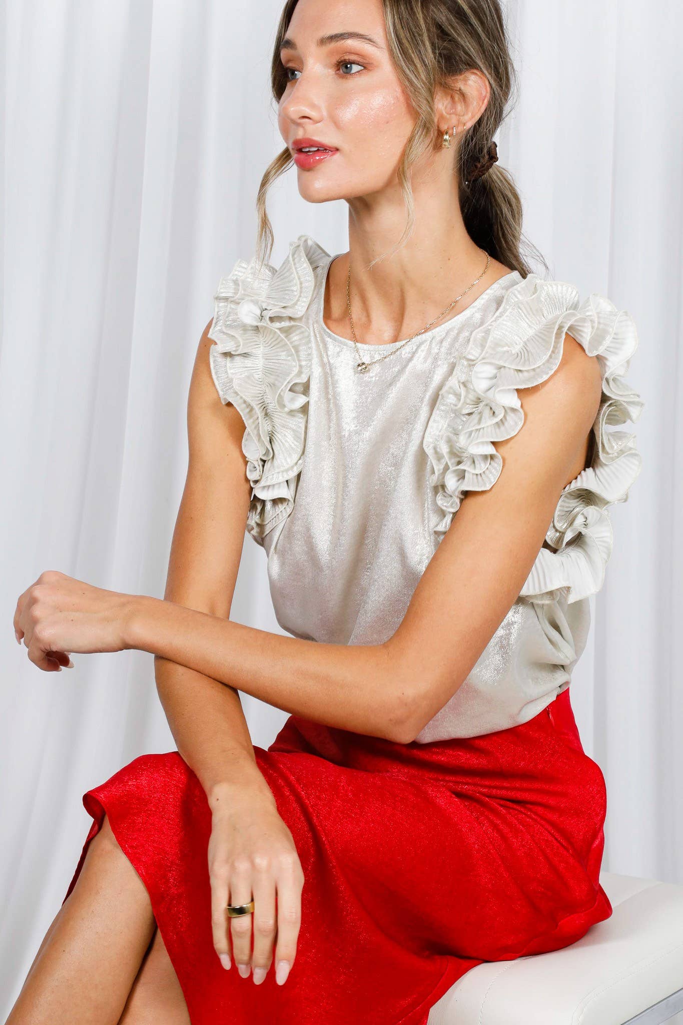 Pleated Ruffle Trim Metallic Woven Blouse Top VT60373A: Black / L