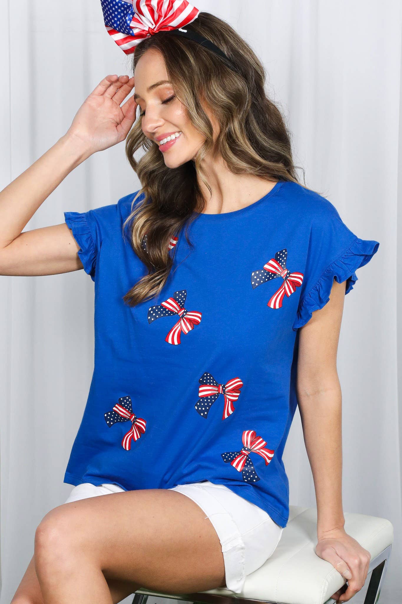 American Flag Bow Graphic Crew Neck 100% Cotton Top VT82411B: Red / S