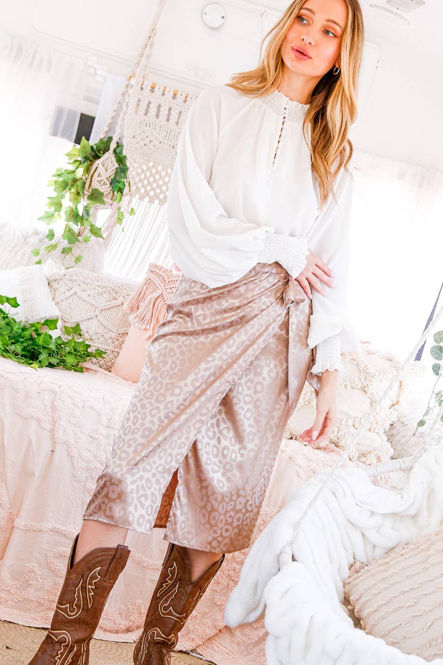 Jacquard Leopard Print Wrap Midi Skirt VS30900A: Mocha / S