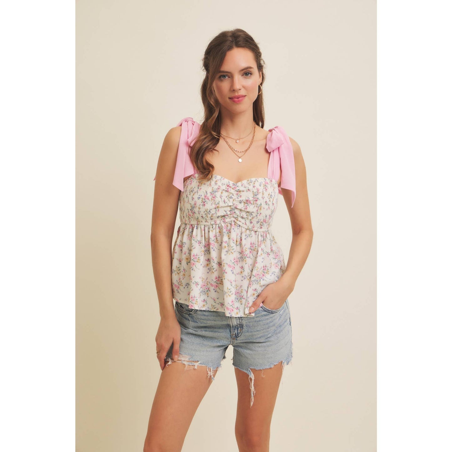 ROMANTIC FLORAL FLOWY SMOCKED TOP WITH BOW STRAPS : IVORY/BLUE / M