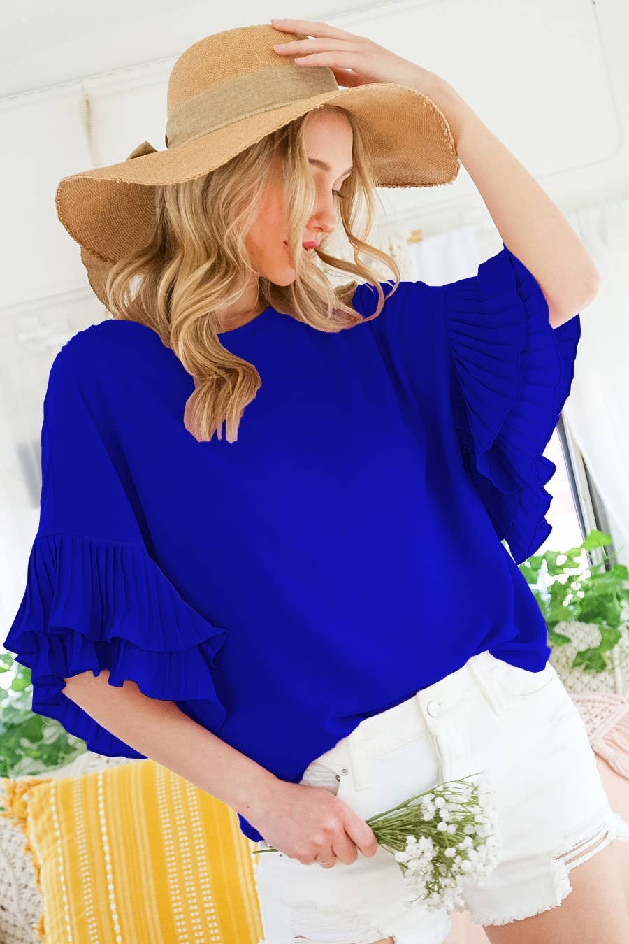 Round Neck Accordion Pleat Ruffle Sleeves Woven Top VT60260: Royal Blue / M