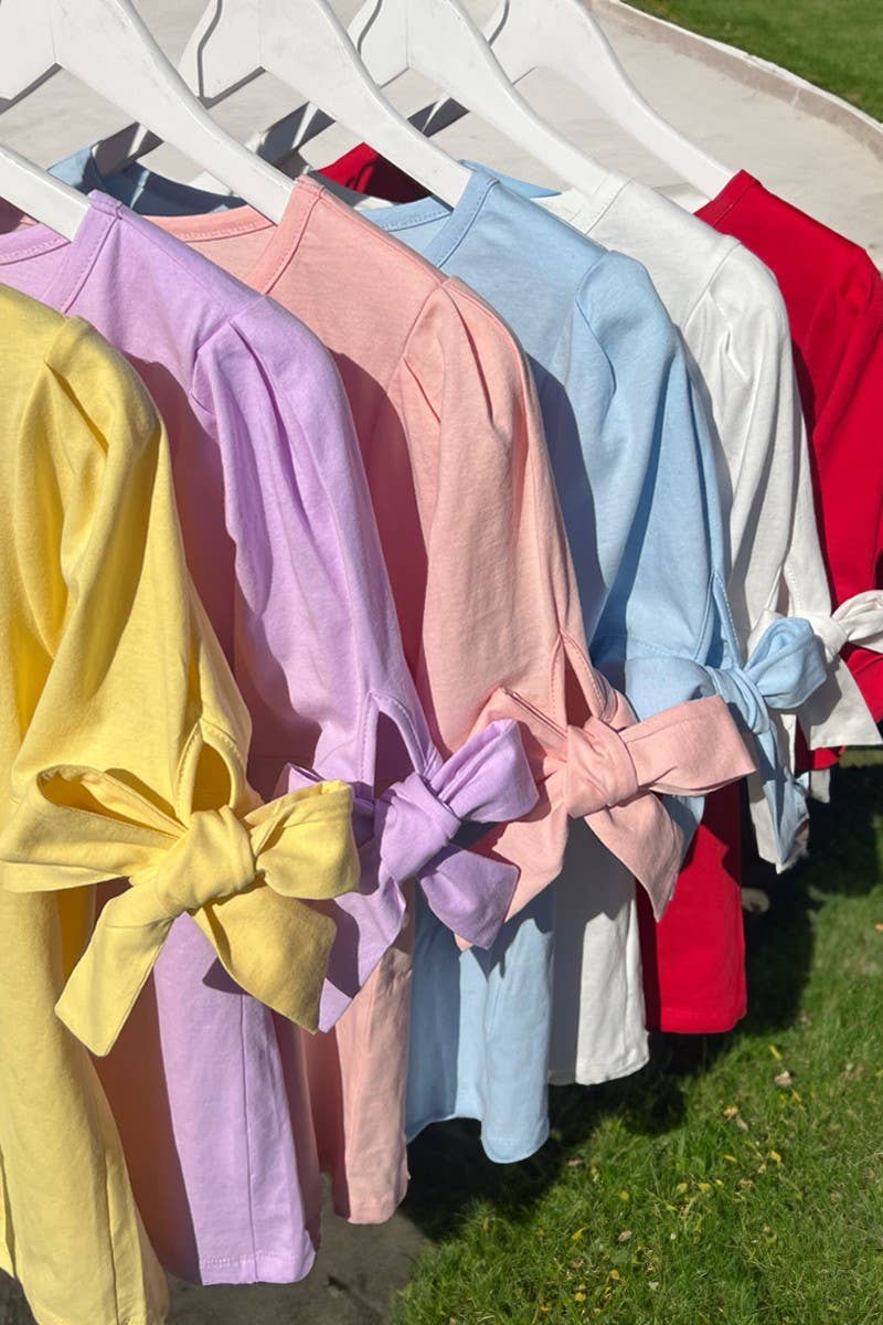 Round Neck Bow Tie Sleeve 100%Cotton Solid Knit Top VT51604: Red / S