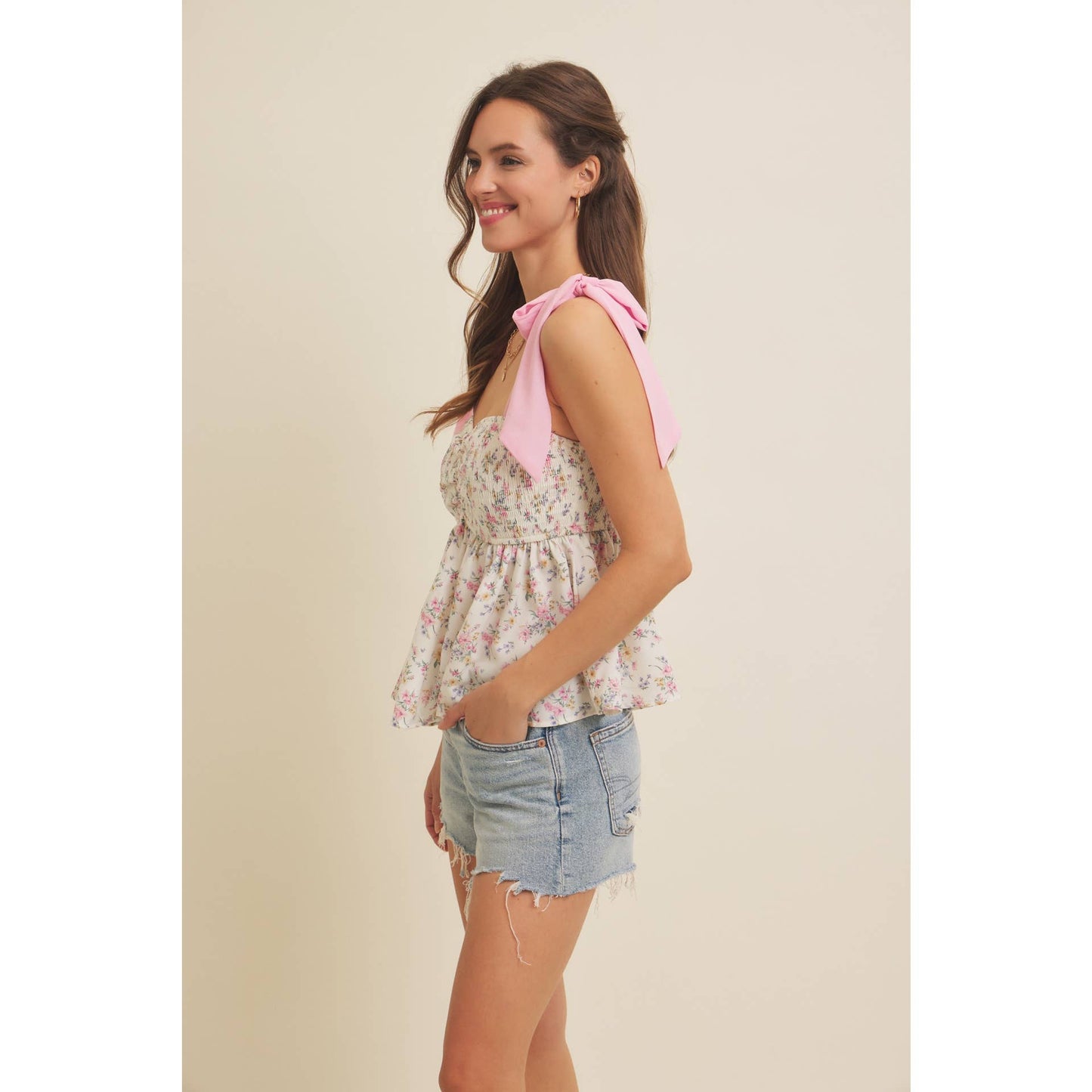 ROMANTIC FLORAL FLOWY SMOCKED TOP WITH BOW STRAPS : IVORY/BLUE / M