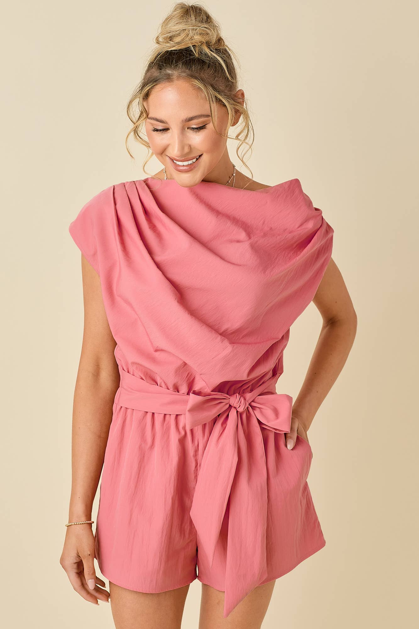 Draped unbalanced drop shoulder romper: AQUA / S