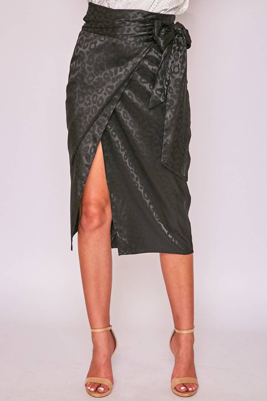 Jacquard Leopard Print Wrap Midi Skirt VS30900A: Mocha / S