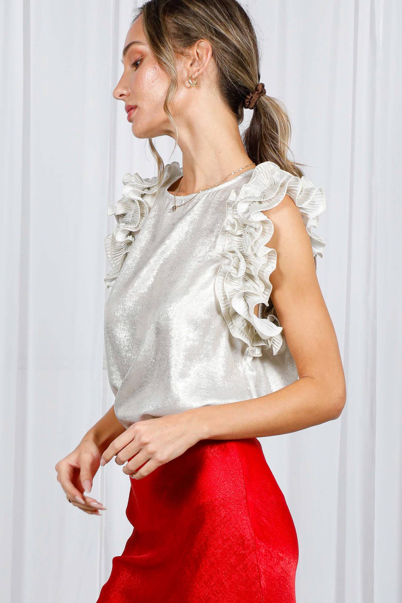 Pleated Ruffle Trim Metallic Woven Blouse Top VT60373A: Black / M