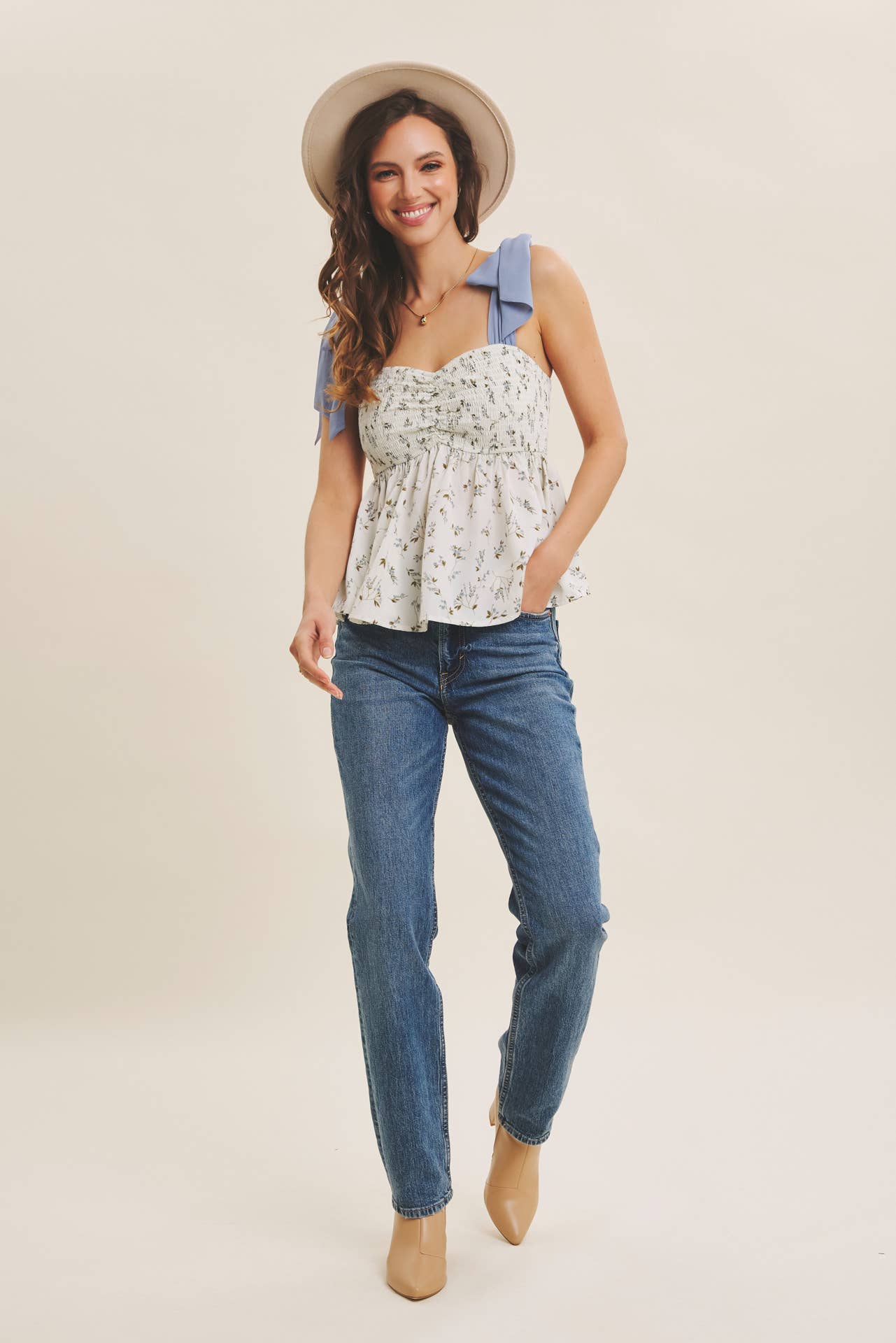 ROMANTIC FLORAL FLOWY SMOCKED TOP WITH BOW STRAPS : IVORY/BLUE / S
