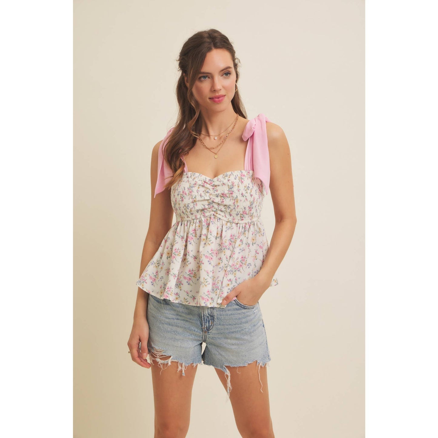 ROMANTIC FLORAL FLOWY SMOCKED TOP WITH BOW STRAPS : IVORY/BLUE / M