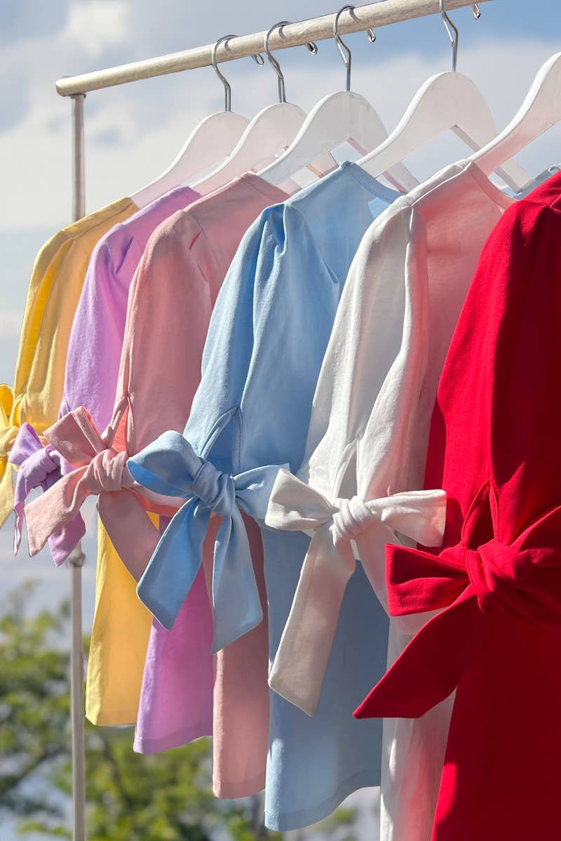 Round Neck Bow Tie Sleeve 100%Cotton Solid Knit Top VT51604: Red / S