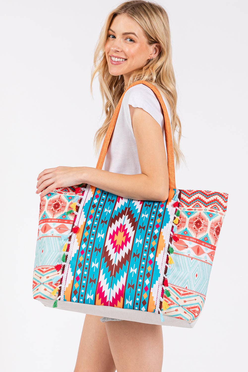MB0302 Brianne Aztec Print Fringe Tote Bag