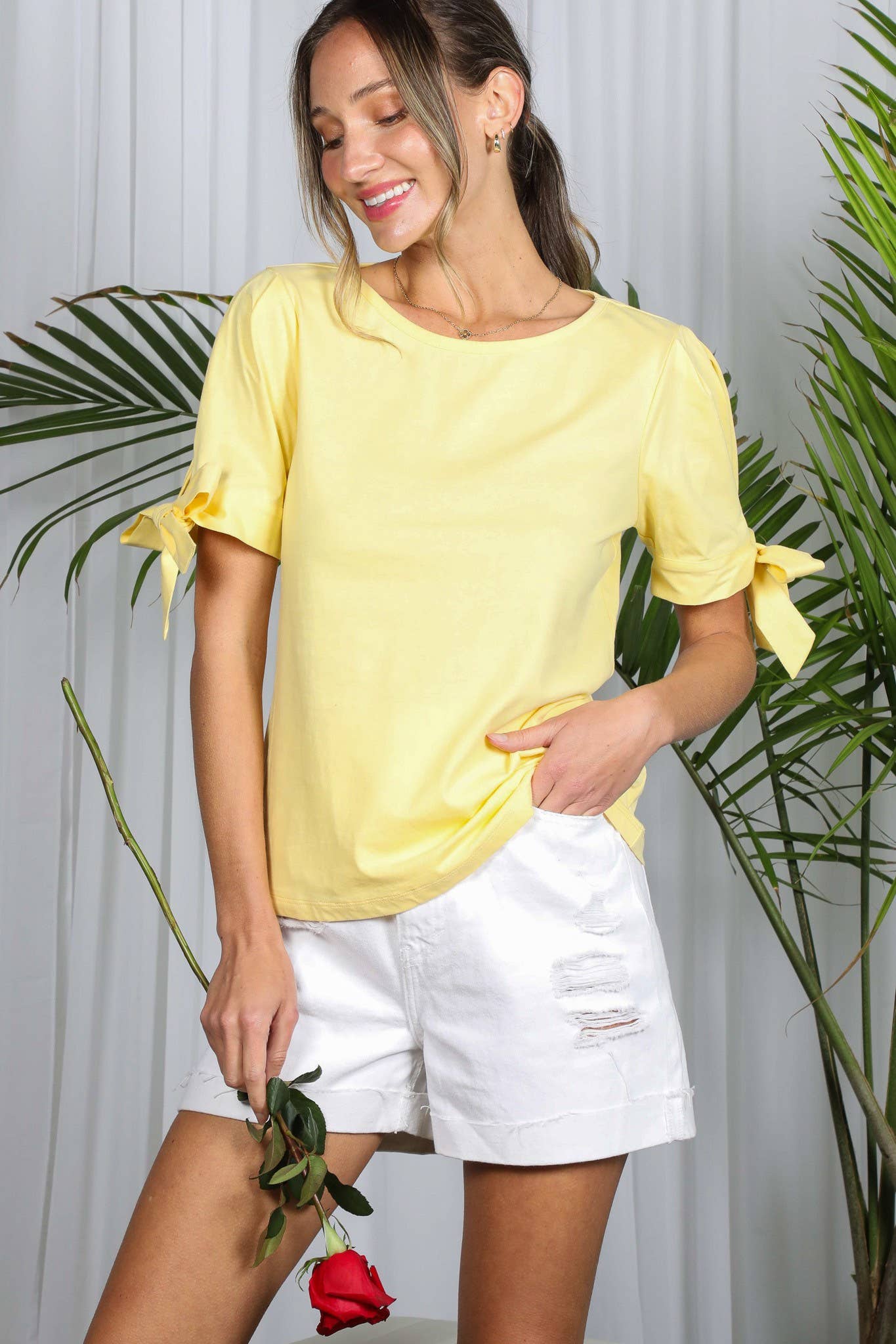 Round Neck Bow Tie Sleeve 100%Cotton Solid Knit Top VT51604: Red / M