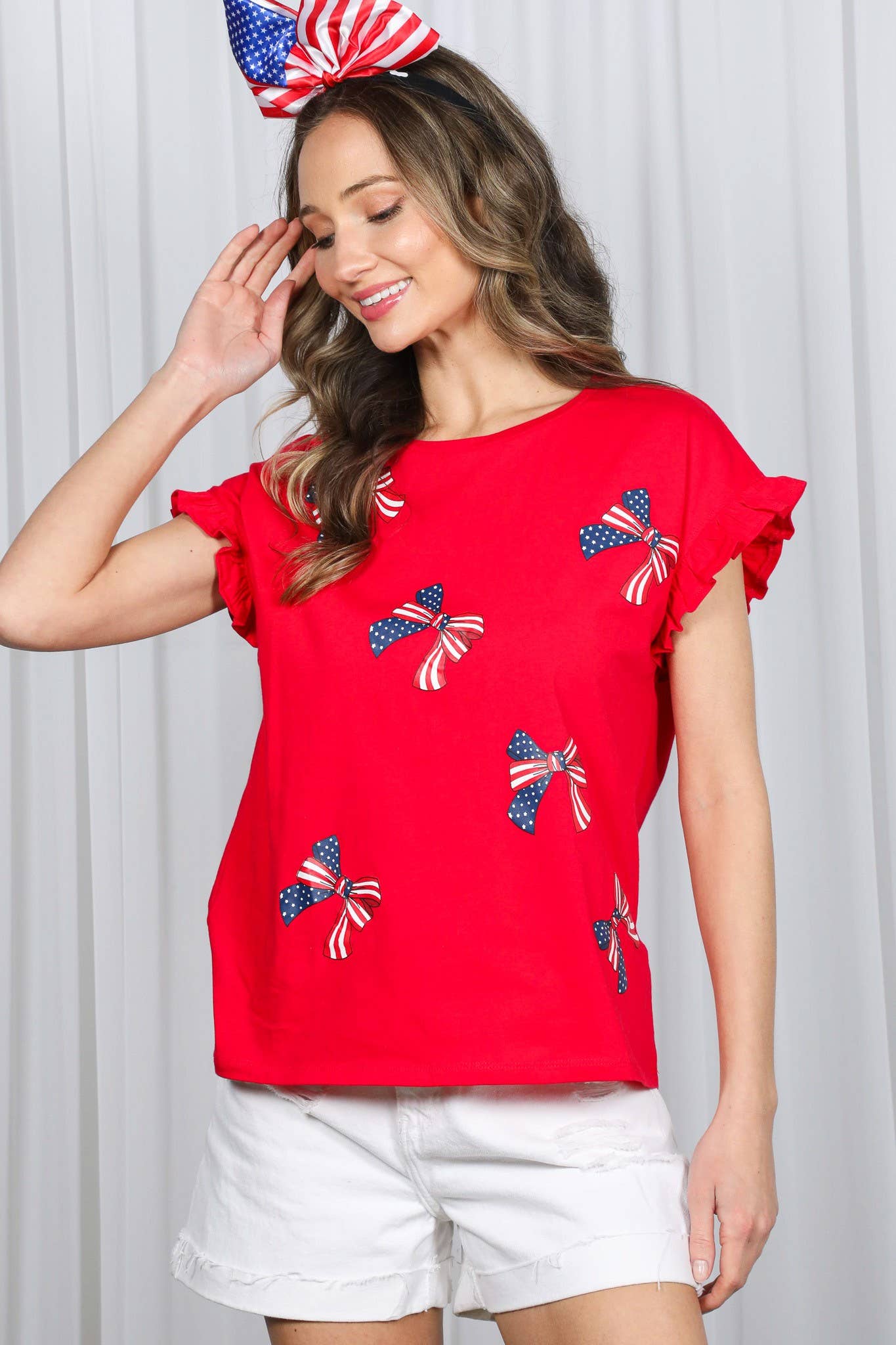 American Flag Bow Graphic Crew Neck 100% Cotton Top VT82411B: Red / M