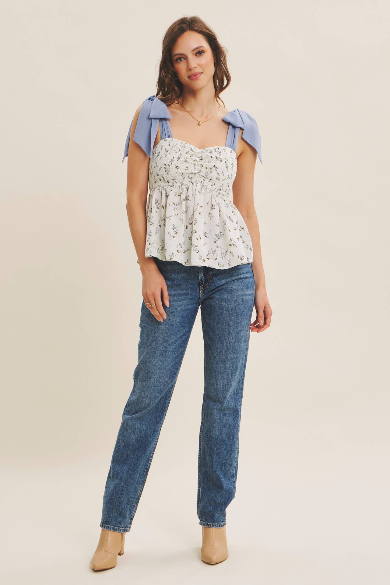 ROMANTIC FLORAL FLOWY SMOCKED TOP WITH BOW STRAPS : IVORY/BLUE / S