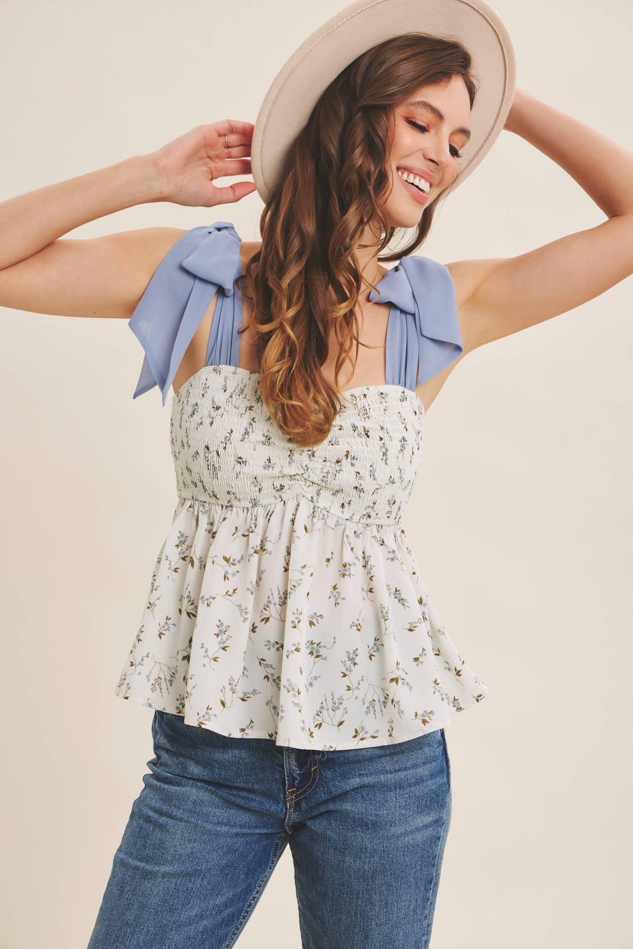 ROMANTIC FLORAL FLOWY SMOCKED TOP WITH BOW STRAPS : IVORY/BLUE / M