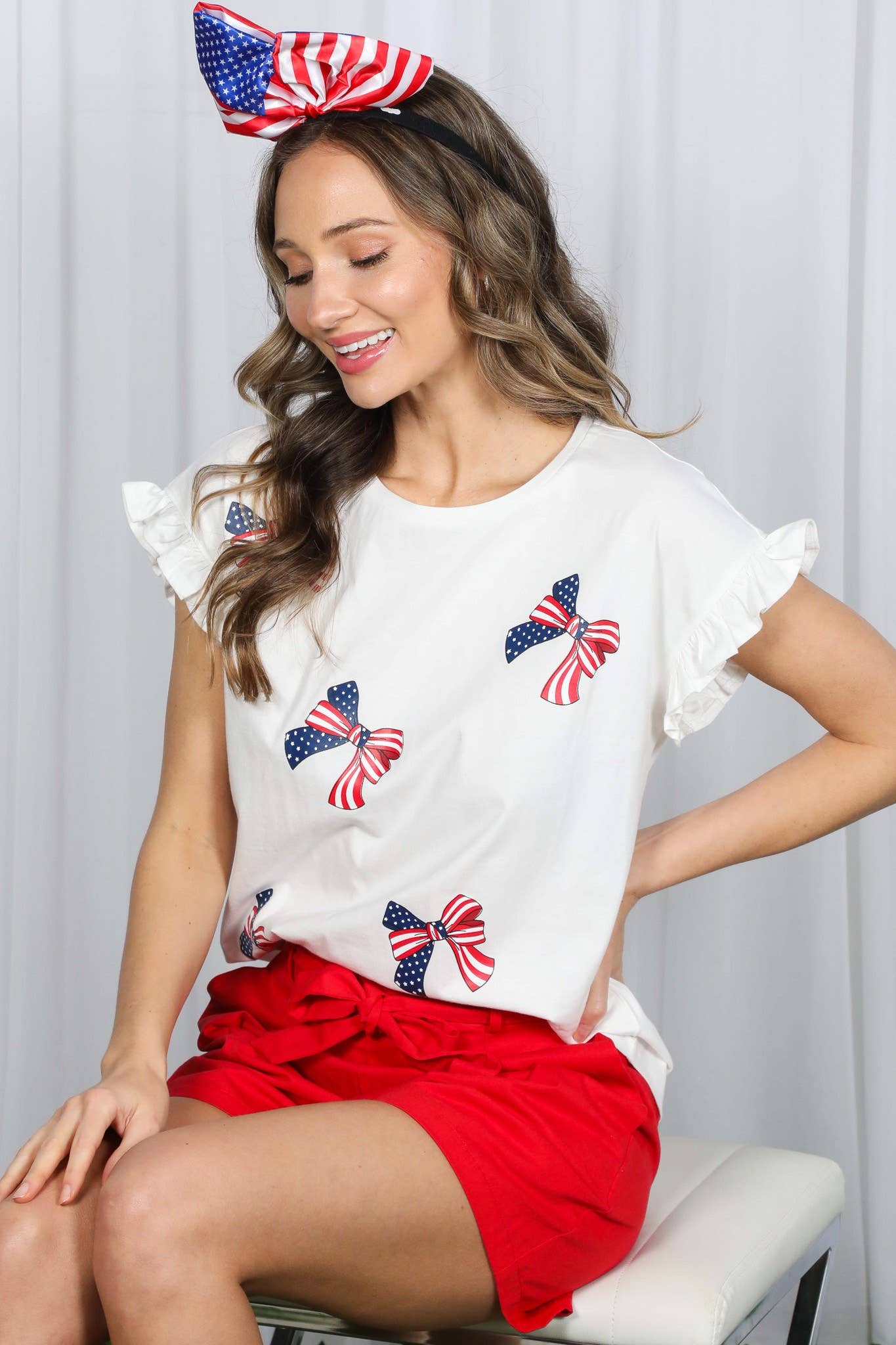 American Flag Bow Graphic Crew Neck 100% Cotton Top VT82411B: Red / S