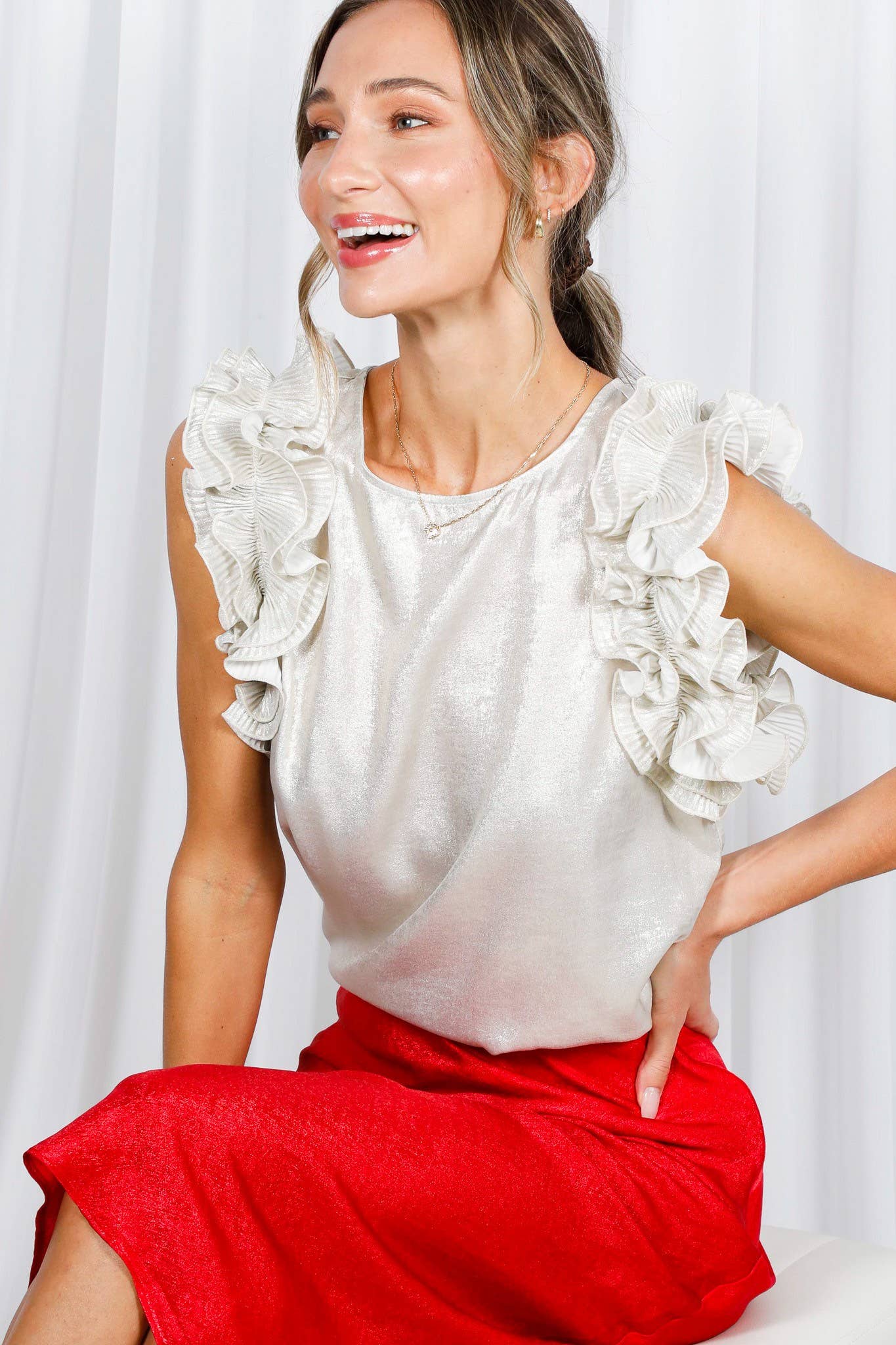 Pleated Ruffle Trim Metallic Woven Blouse Top VT60373A: Black / L