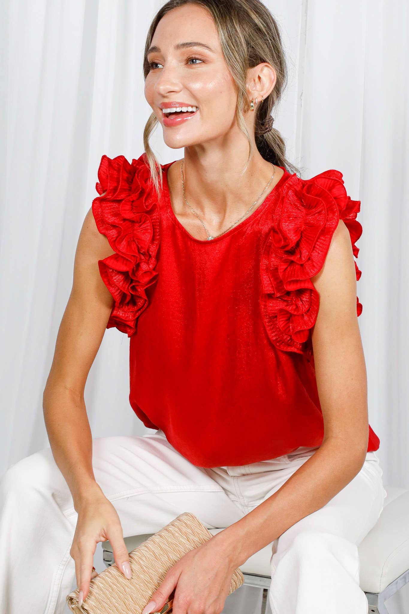 Pleated Ruffle Trim Metallic Woven Blouse Top VT60373A: Black / L
