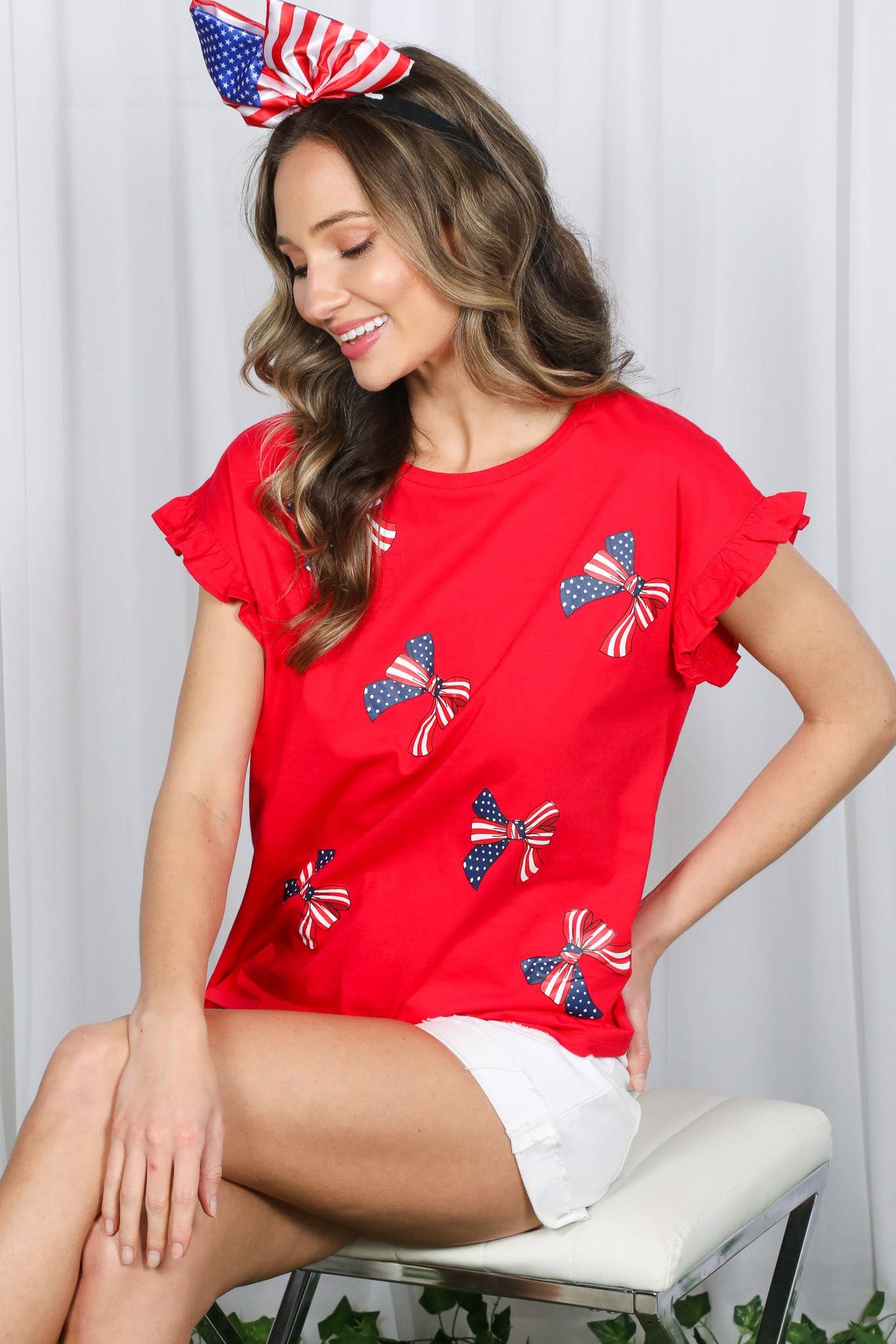 American Flag Bow Graphic Crew Neck 100% Cotton Top VT82411B: Red / M