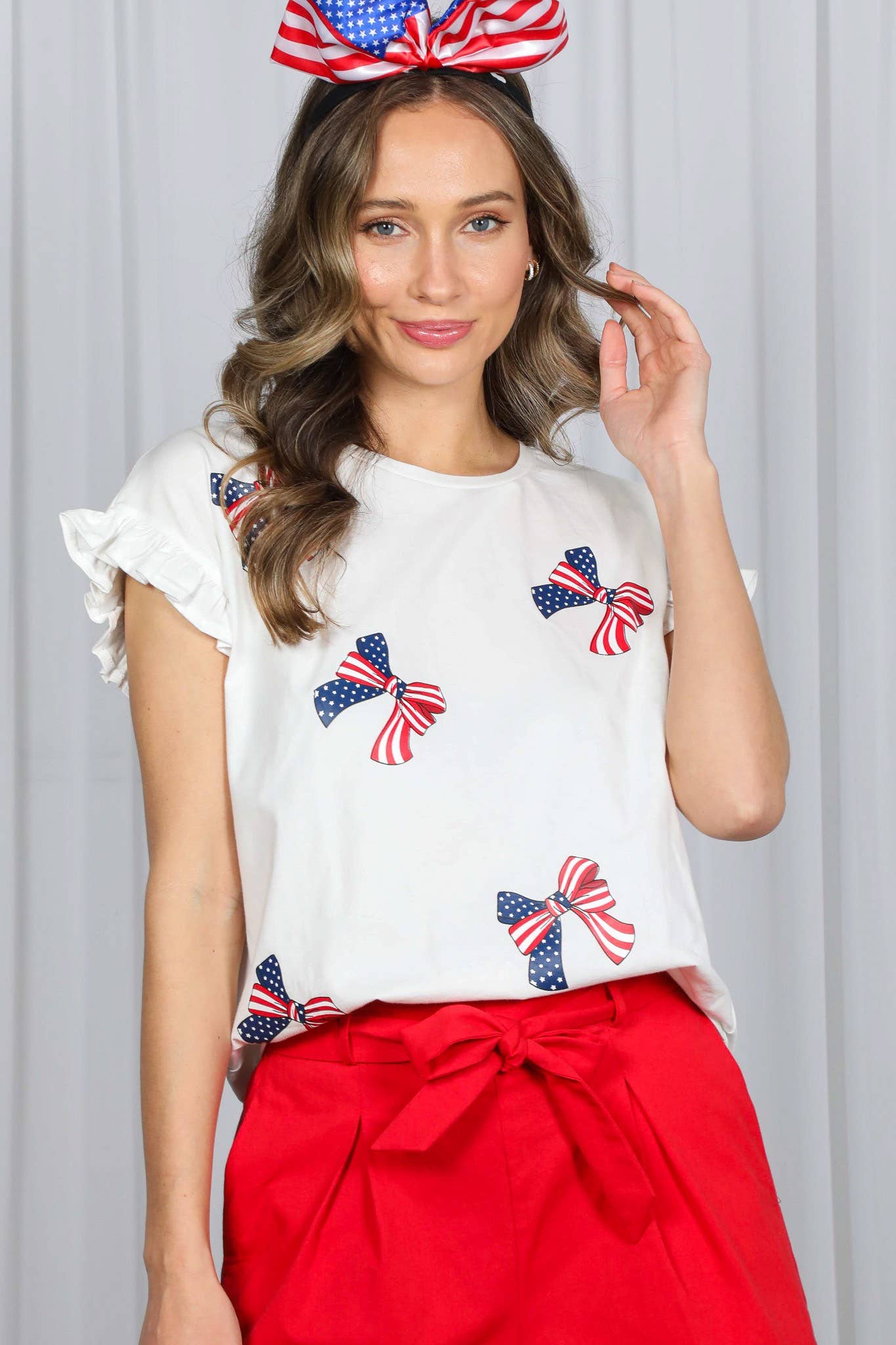 American Flag Bow Graphic Crew Neck 100% Cotton Top VT82411B: Red / L