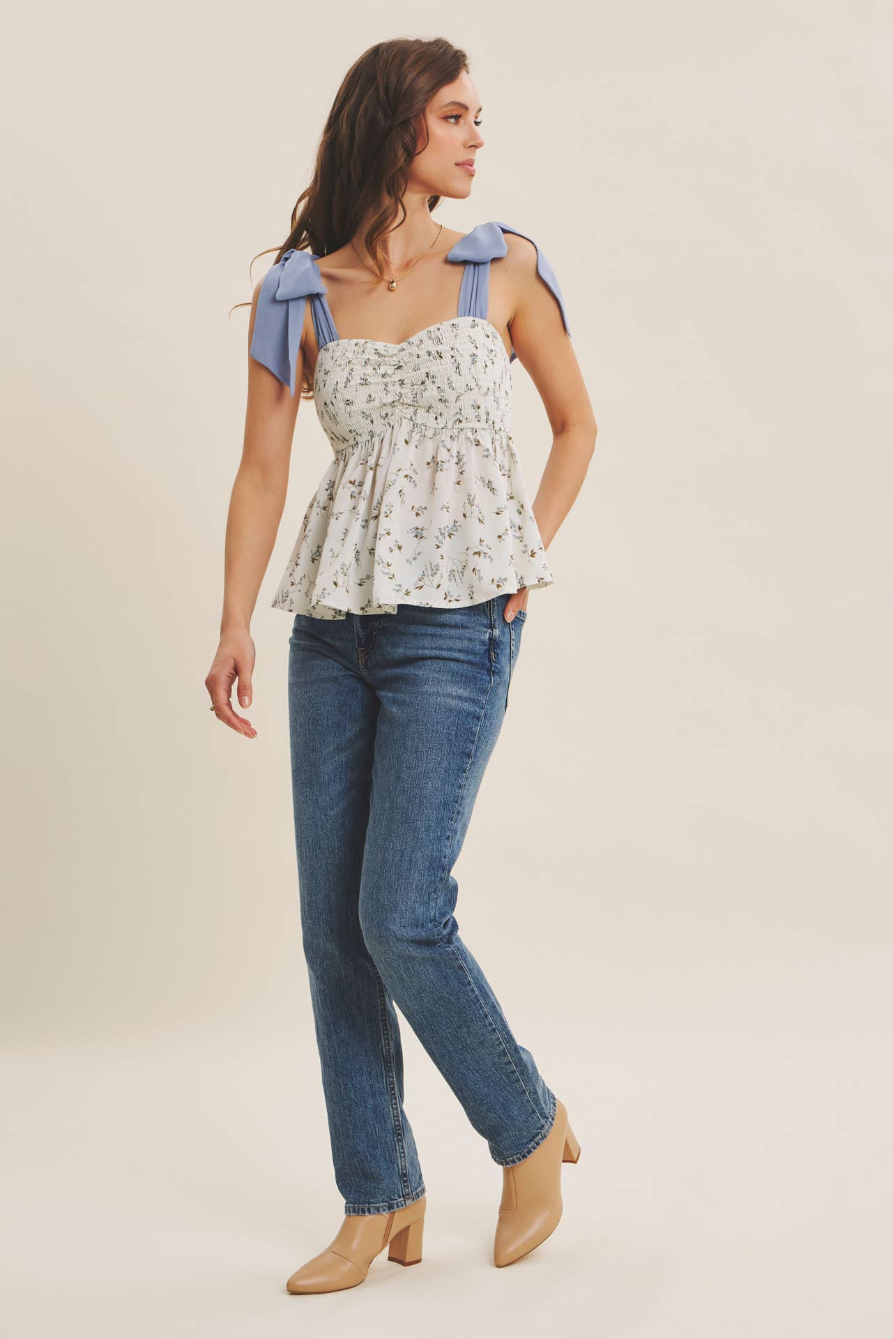ROMANTIC FLORAL FLOWY SMOCKED TOP WITH BOW STRAPS : IVORY/BLUE / M