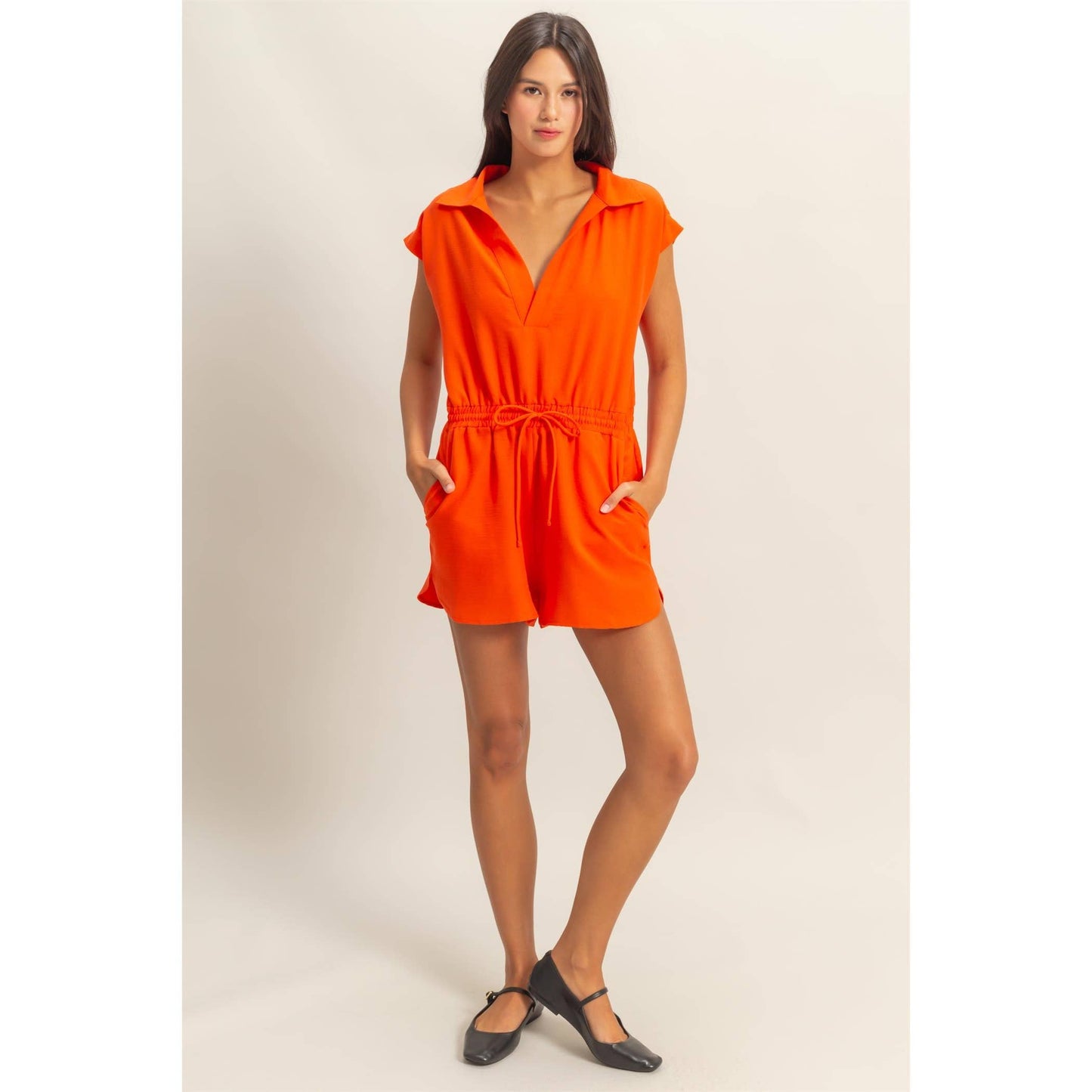 DZ25C253-Collared Romper with Buttonless Placket: BLACK / S-M-L(2-2-2)
