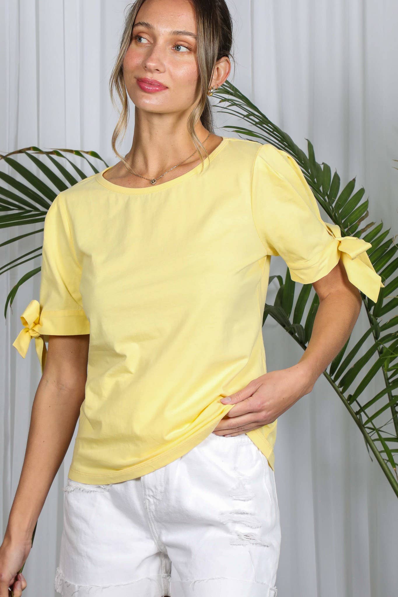 Round Neck Bow Tie Sleeve 100%Cotton Solid Knit Top VT51604: Red / M