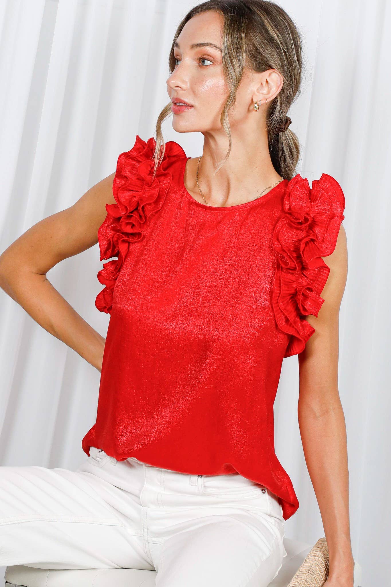 Pleated Ruffle Trim Metallic Woven Blouse Top VT60373A: Black / M
