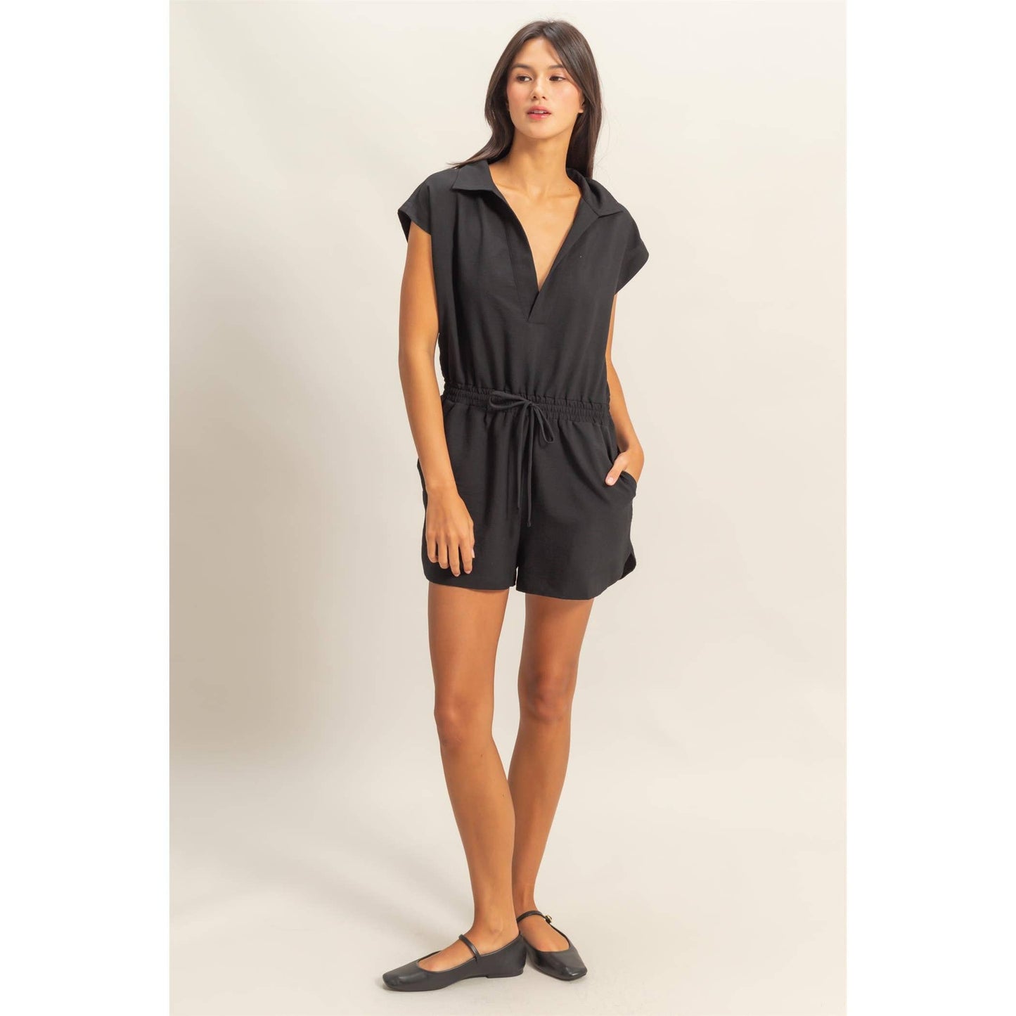 DZ25C253-Collared Romper with Buttonless Placket: BLACK / S-M-L(2-2-2)