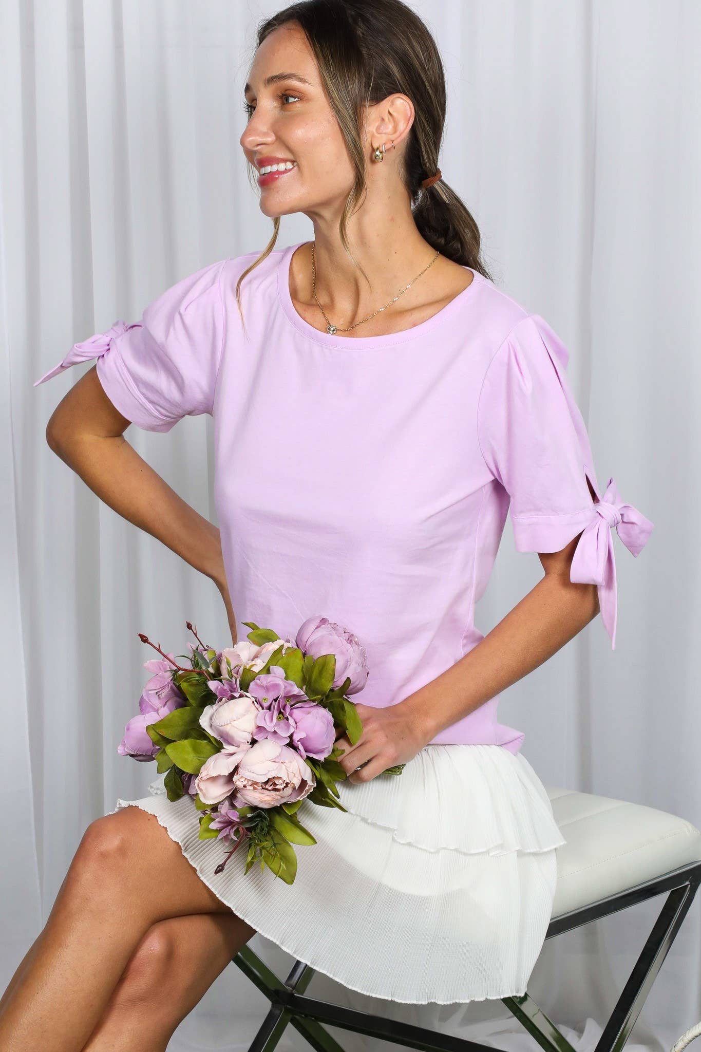 Round Neck Bow Tie Sleeve 100%Cotton Solid Knit Top VT51604: Red / L
