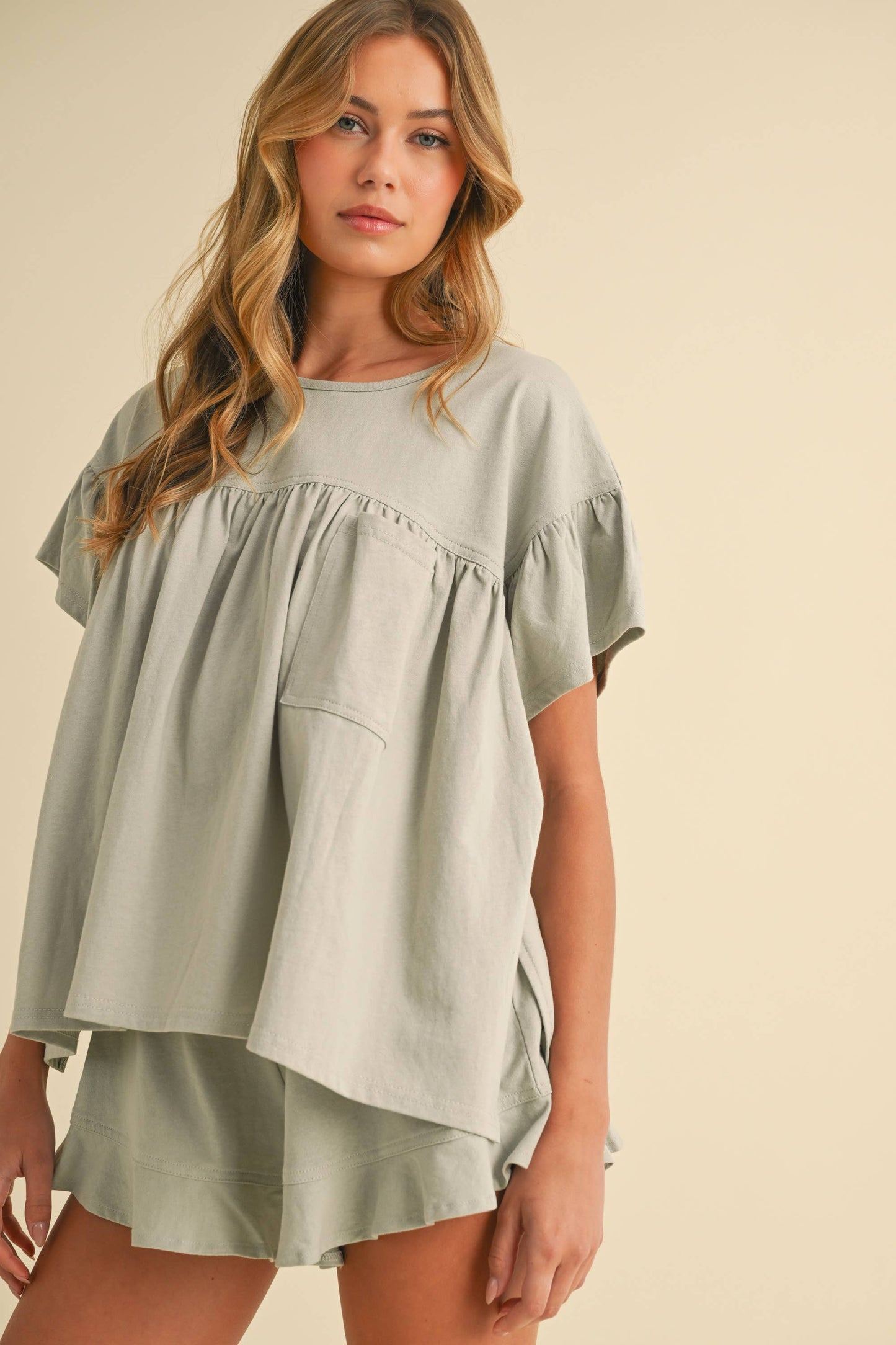 IST5851 PLEATED TUNIC BABYDOLL TOP AND  RUFFLED SHORTS SET
: MAUVE / M