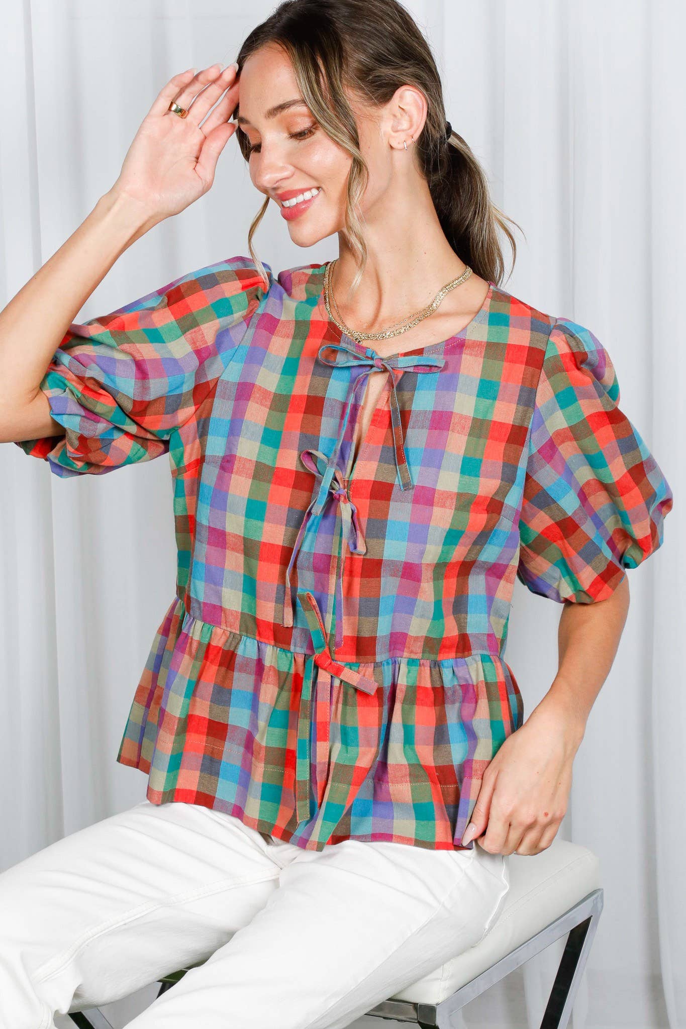 1/3 Open Self Tie Front Plaid Cotton Blouse VT82595A: Multi / M