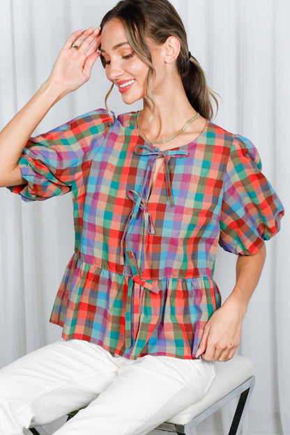 1/3 Open Self Tie Front Plaid Cotton Blouse VT82595A: Multi / M