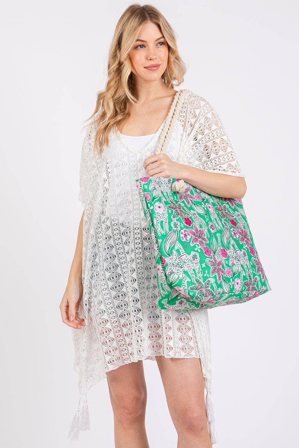 MB0311 Flower Print Rope Strap Tote Bag