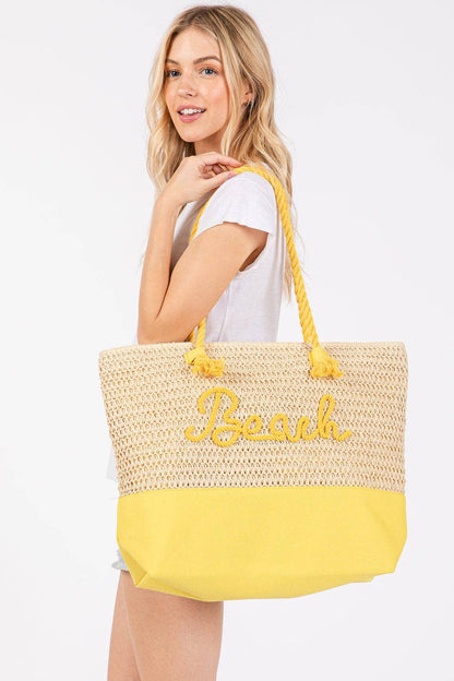MB0266 Sewn Rope Beach Letter Color Straw Tote Bag: Hot Pink