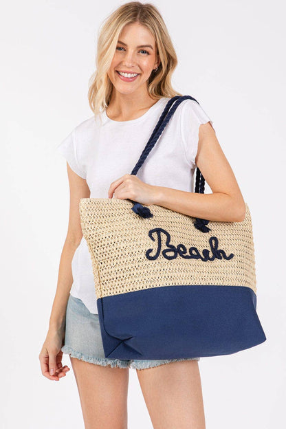 MB0266 Sewn Rope Beach Letter Color Straw Tote Bag: Hot Pink
