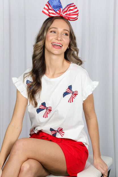 American Flag Bow Graphic Crew Neck 100% Cotton Top VT82411B: Red / M