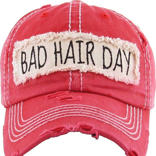 KBV1073 'BAD HAIR DAY' Distressed Cotton Cap: Hot Pink