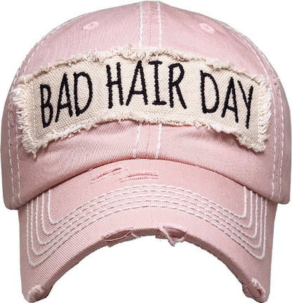 KBV1073 'BAD HAIR DAY' Distressed Cotton Cap: Hot Pink