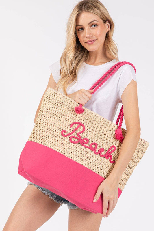 MB0266 Sewn Rope Beach Letter Color Straw Tote Bag: Hot Pink