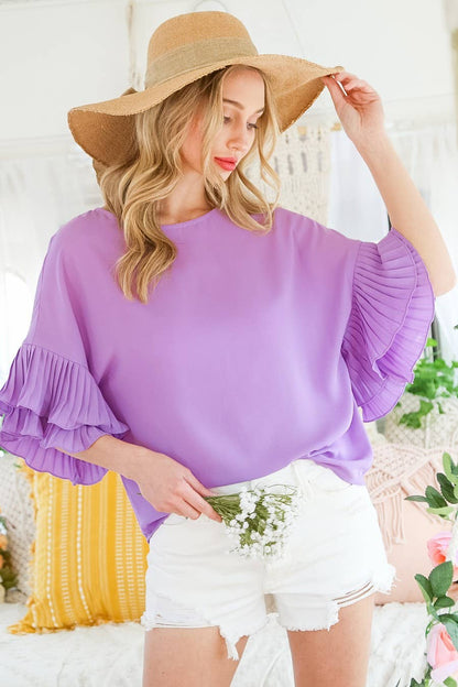Round Neck Accordion Pleat Ruffle Sleeves Woven Top VT60260: Royal Blue / L