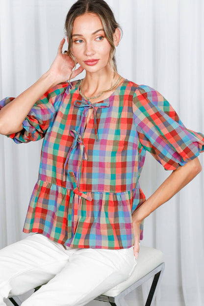 1/3 Open Self Tie Front Plaid Cotton Blouse VT82595A: Multi / M