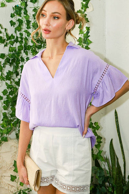 Collared V-Shape Trim Detail Ruffled Blouse VT81459-1: Lavender / L