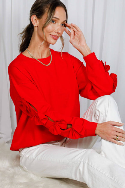 Bow Embellished Long-Sleeve Crew Neck Knit Sweater