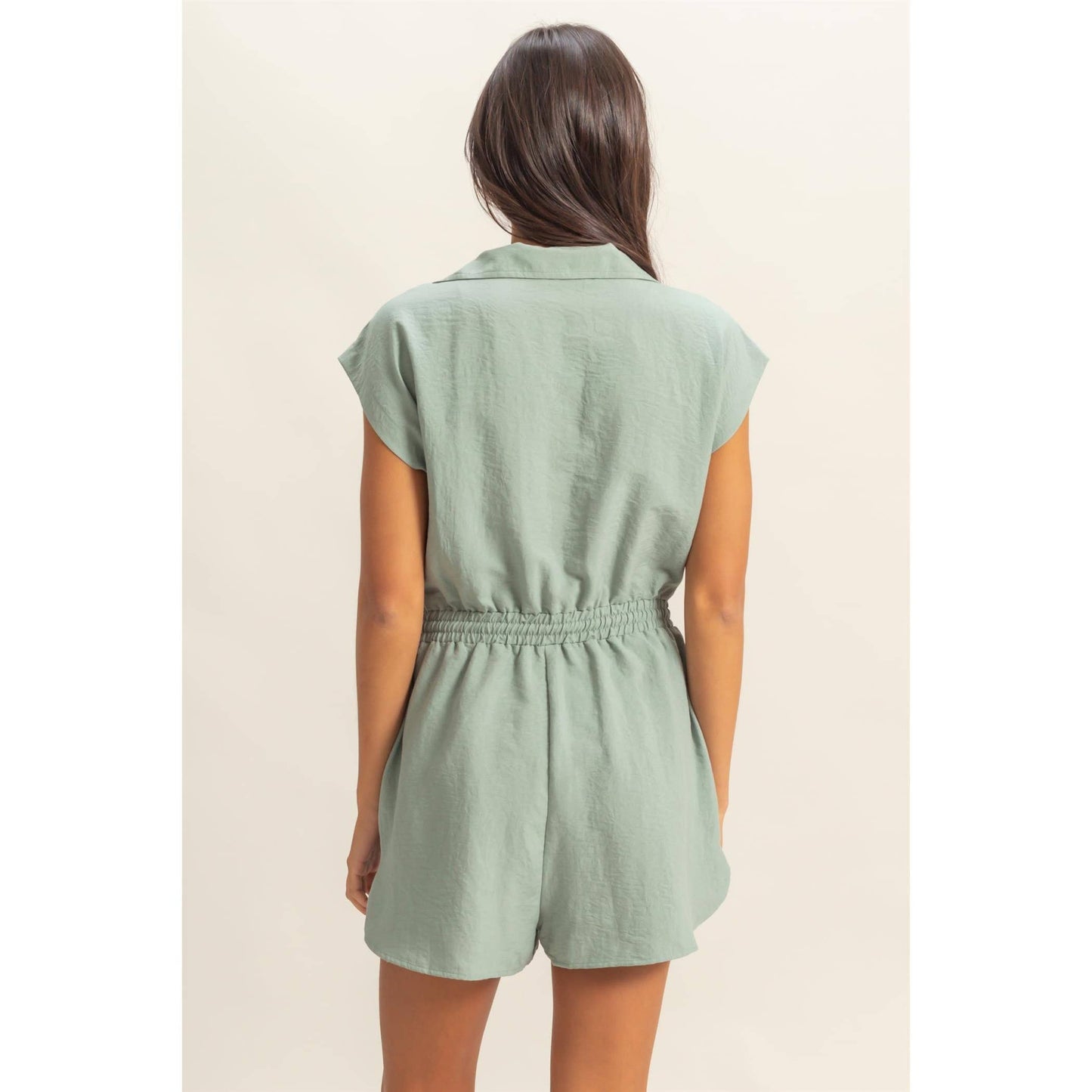 DZ25C253-Collared Romper with Buttonless Placket: BLACK / S-M-L(2-2-2)