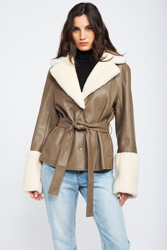 BELTED TRIMMED JACKET