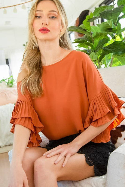 Round Neck Accordion Pleat Ruffle Sleeves Woven Top VT60260: Royal Blue / L