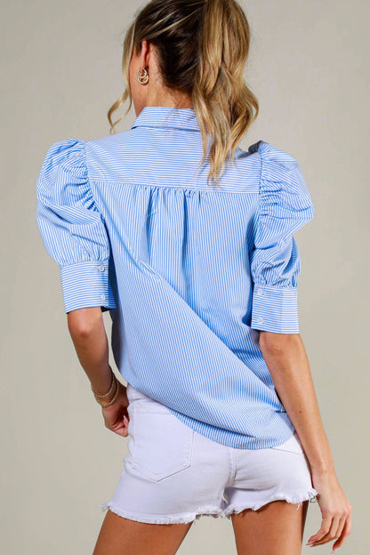Collared Neck Short Puff Sleeve Striped Blouse VT81707: Black / M