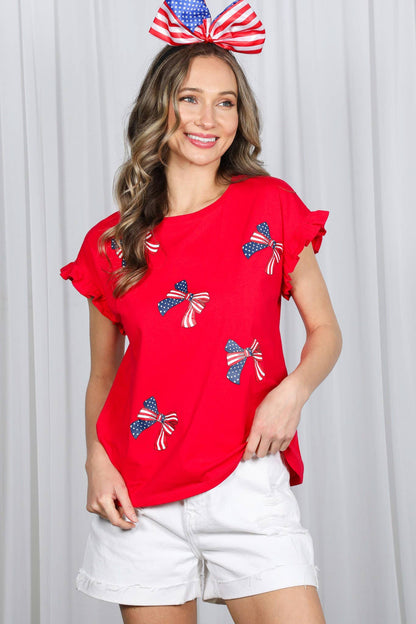 American Flag Bow Graphic Crew Neck 100% Cotton Top VT82411B: Red / M
